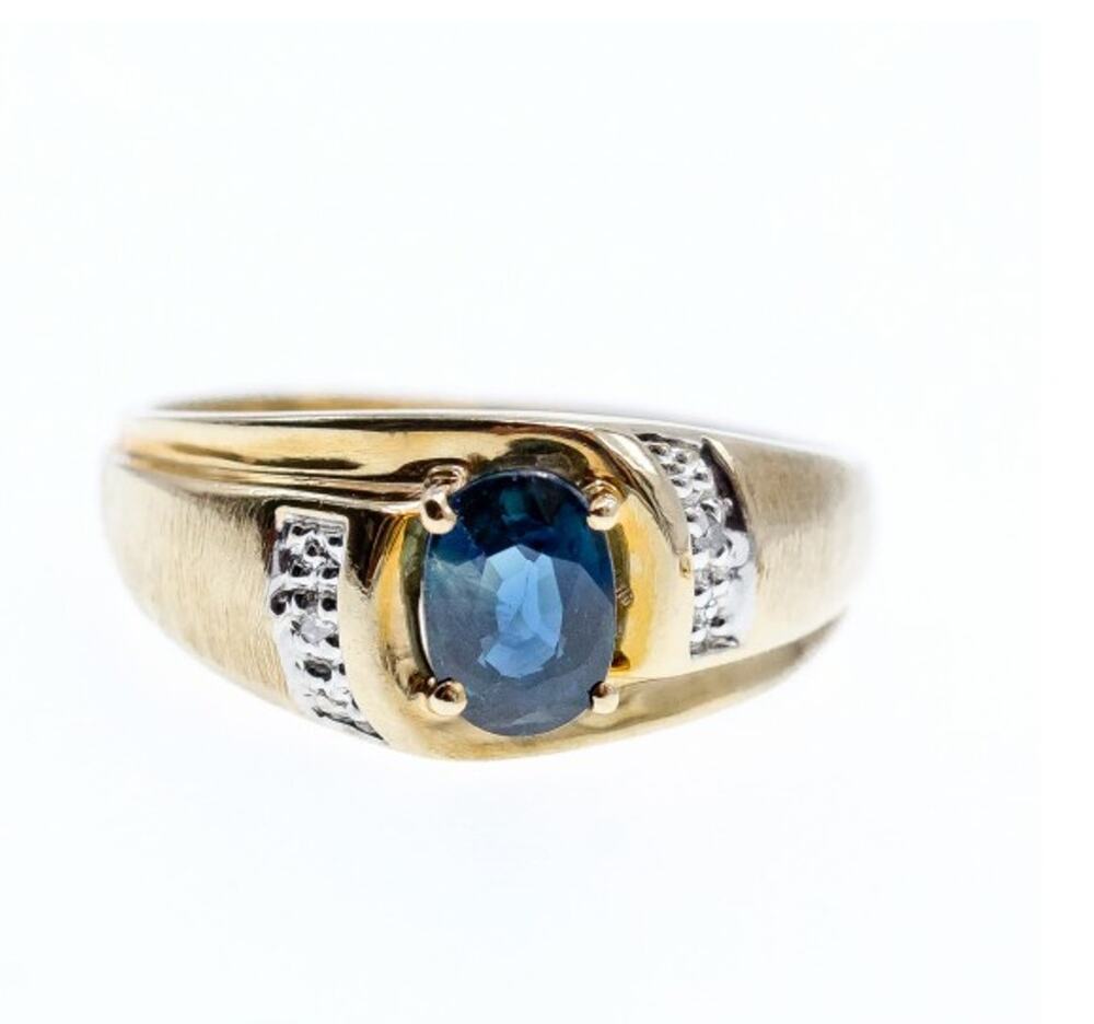 10K Yellow Gold London Blue Topaz & Diamonds Ring Size 10.5